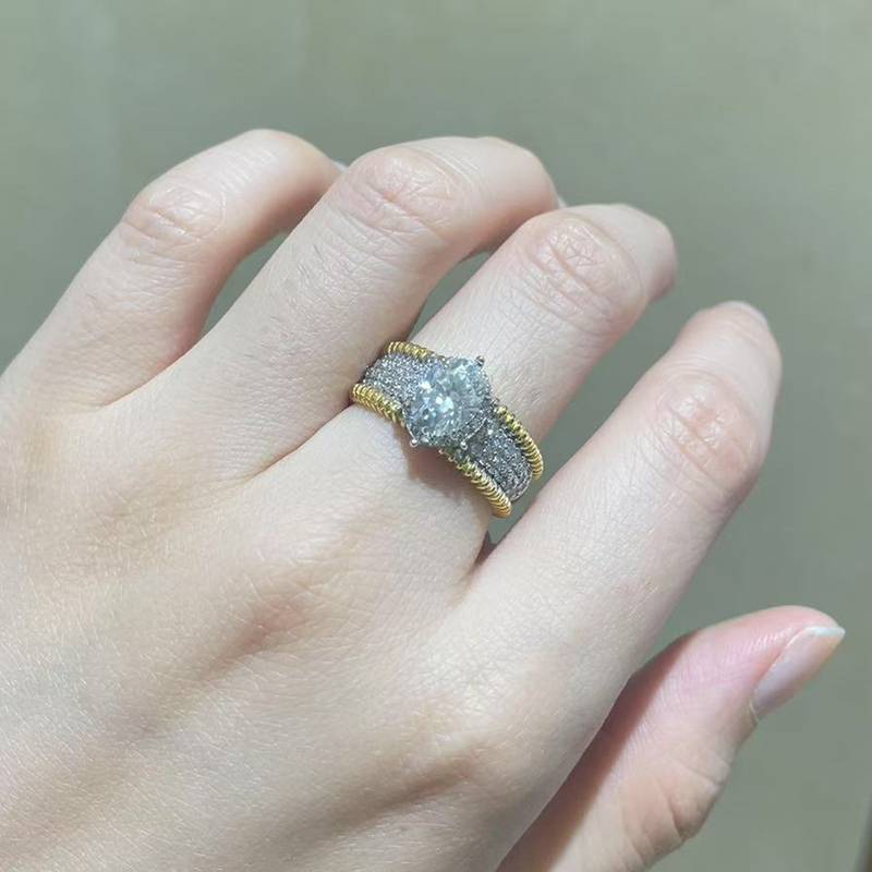 蛋形Women's RingS925银镀白金+K黄定制选款主石Moissanite1.5ct/副石高碳钻